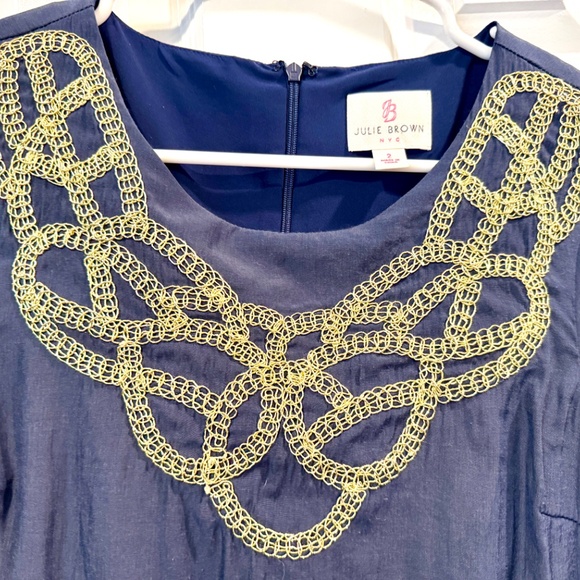 Julie Brown - Size 2 - Navy, Silk, Gold Embellished Neck Line, Shift Dress - Picture 5 of 9